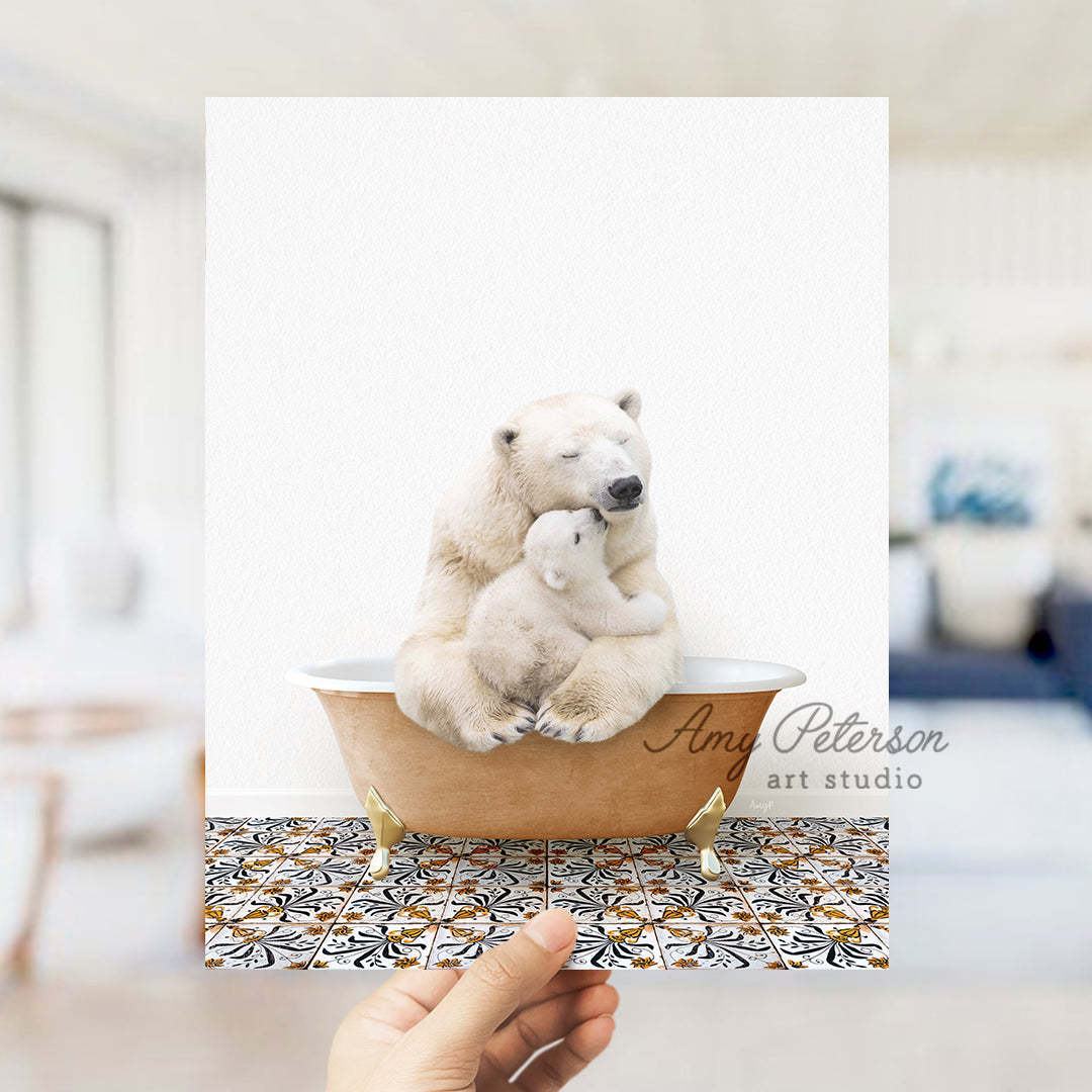 a person holding a polar bear in a bathtub