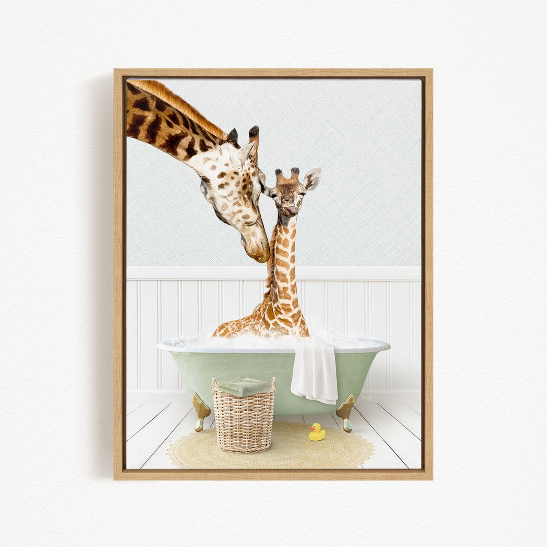 A mother giraffe and her baby giraffe are enjoying a relaxing bath together in a green bathtub, surrounded by a basket of toys and a yellow rubber duck.