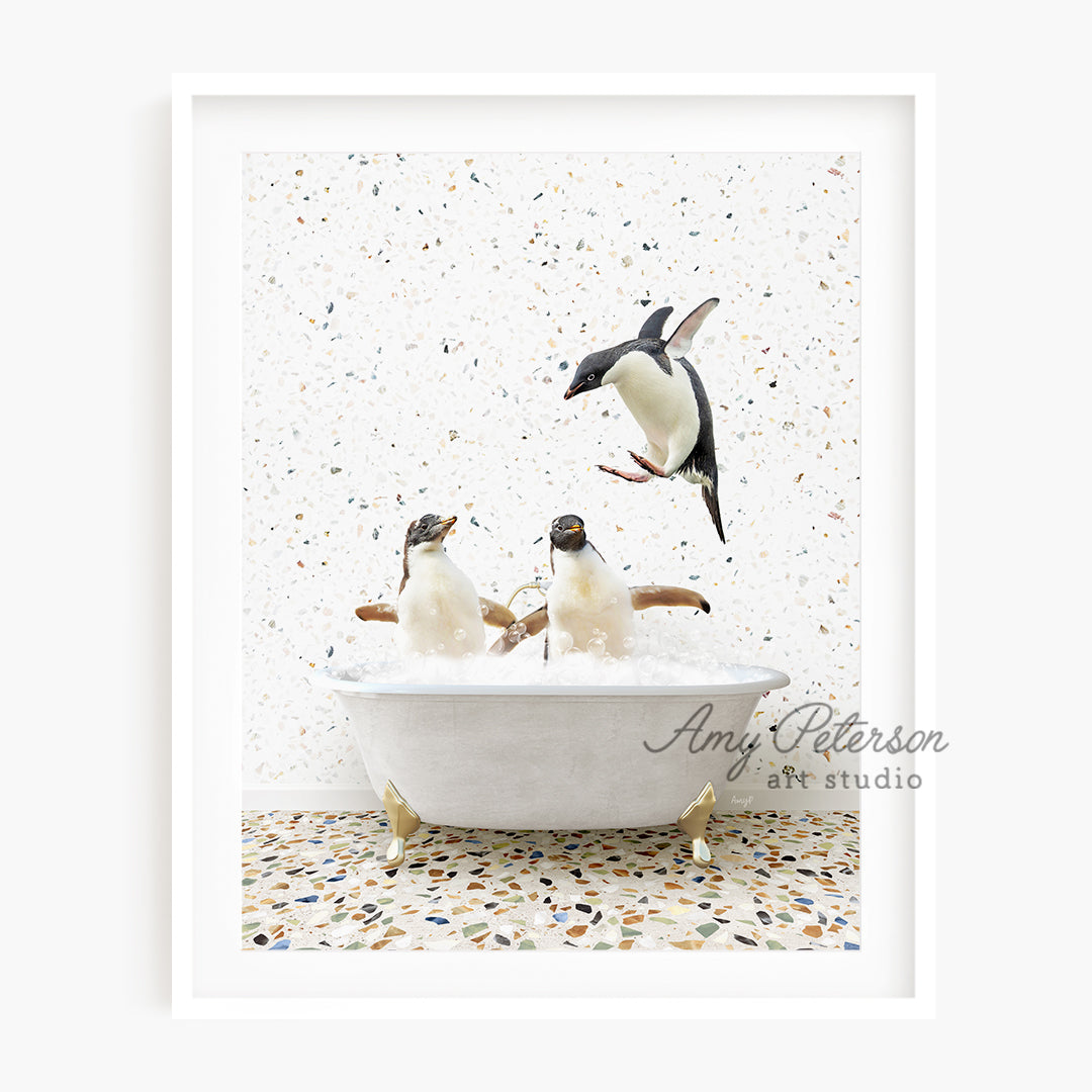 a group of penguins in a bathtub with bubbles