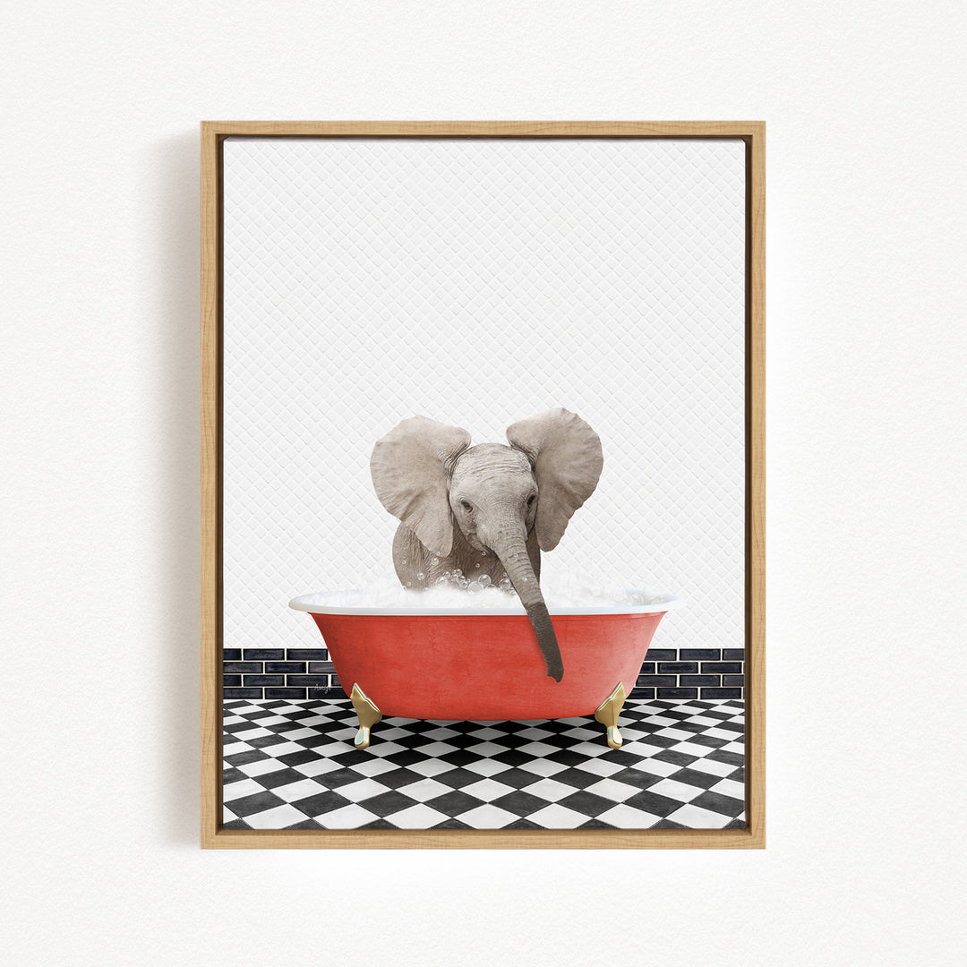 A gray elephant is sitting in a red bathtub filled with water, surrounded by a black and white checkered floor.