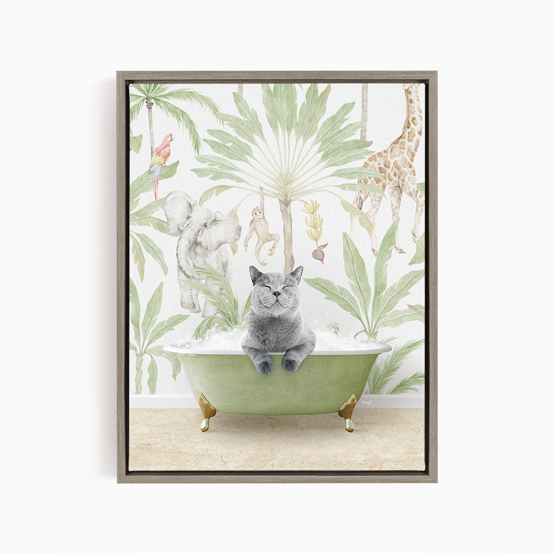 A gray cat sitting in a green bathtub, surrounded by tropical plants and animals, including a giraffe and a parrot.