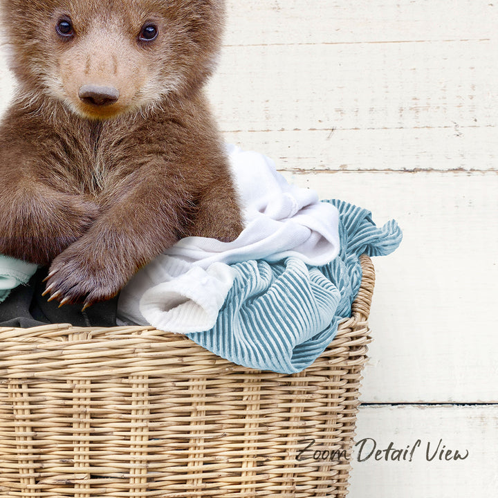 A young brown bear sitting in a wicker basket filled with clothes.