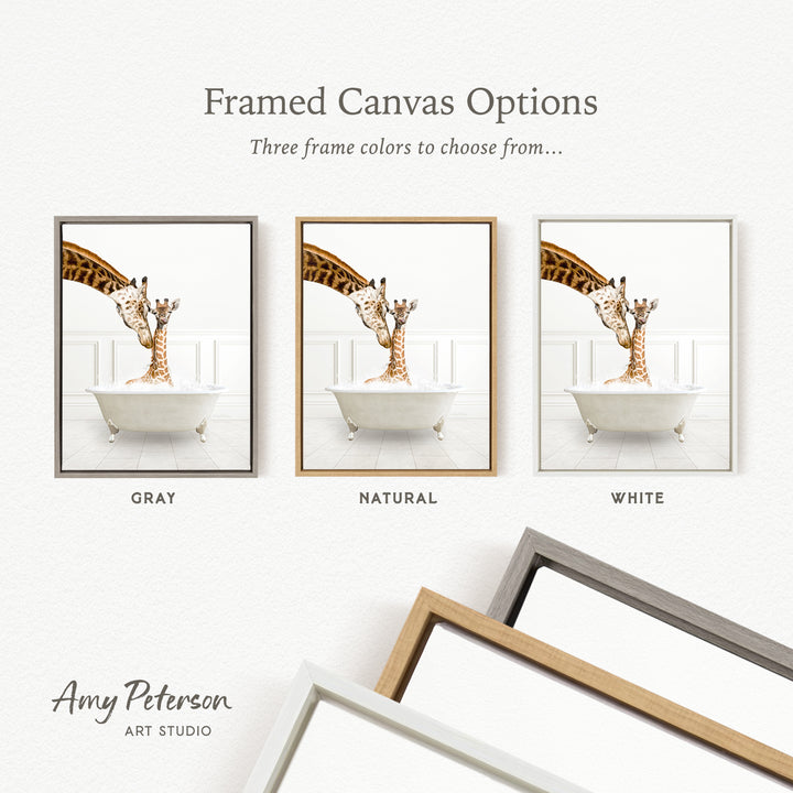three framed canvas options, each featuring a giraffe in a bathtub. The options include a gray frame, a natural frame, and a white frame. The text above the images reads " Framed Canvas Options" and "Three frame colors to choose from...".