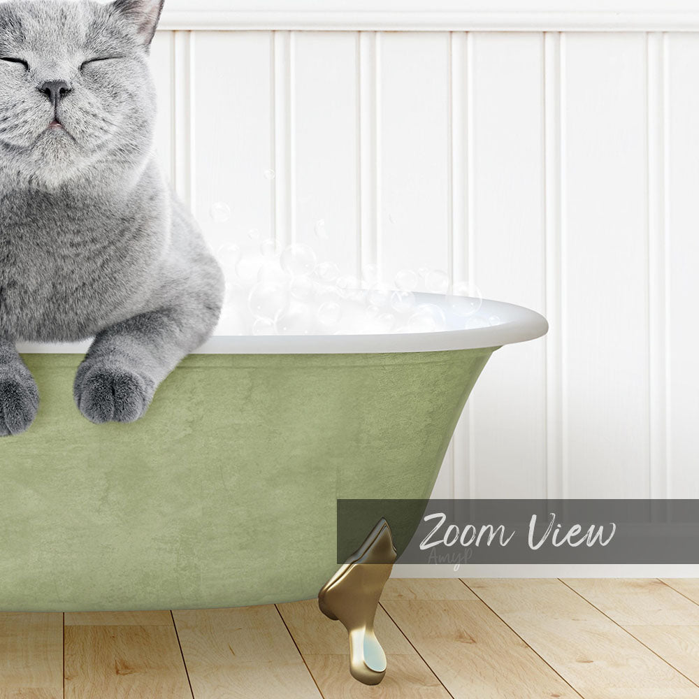 A gray cat sitting in a green bathtub filled with water, with a white wall and wooden floor in the background.