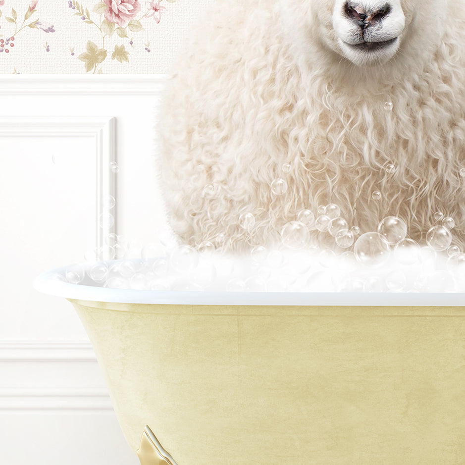 a sheep is sitting in a bathtub with bubbles