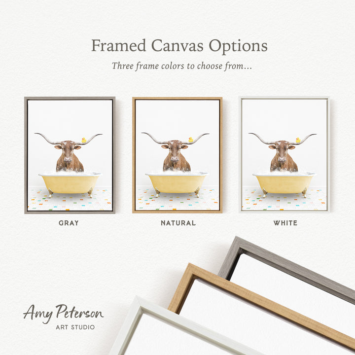 three framed canvas options featuring a bull with horns in a bathtub, each with a different frame color: gray, natural, and white.