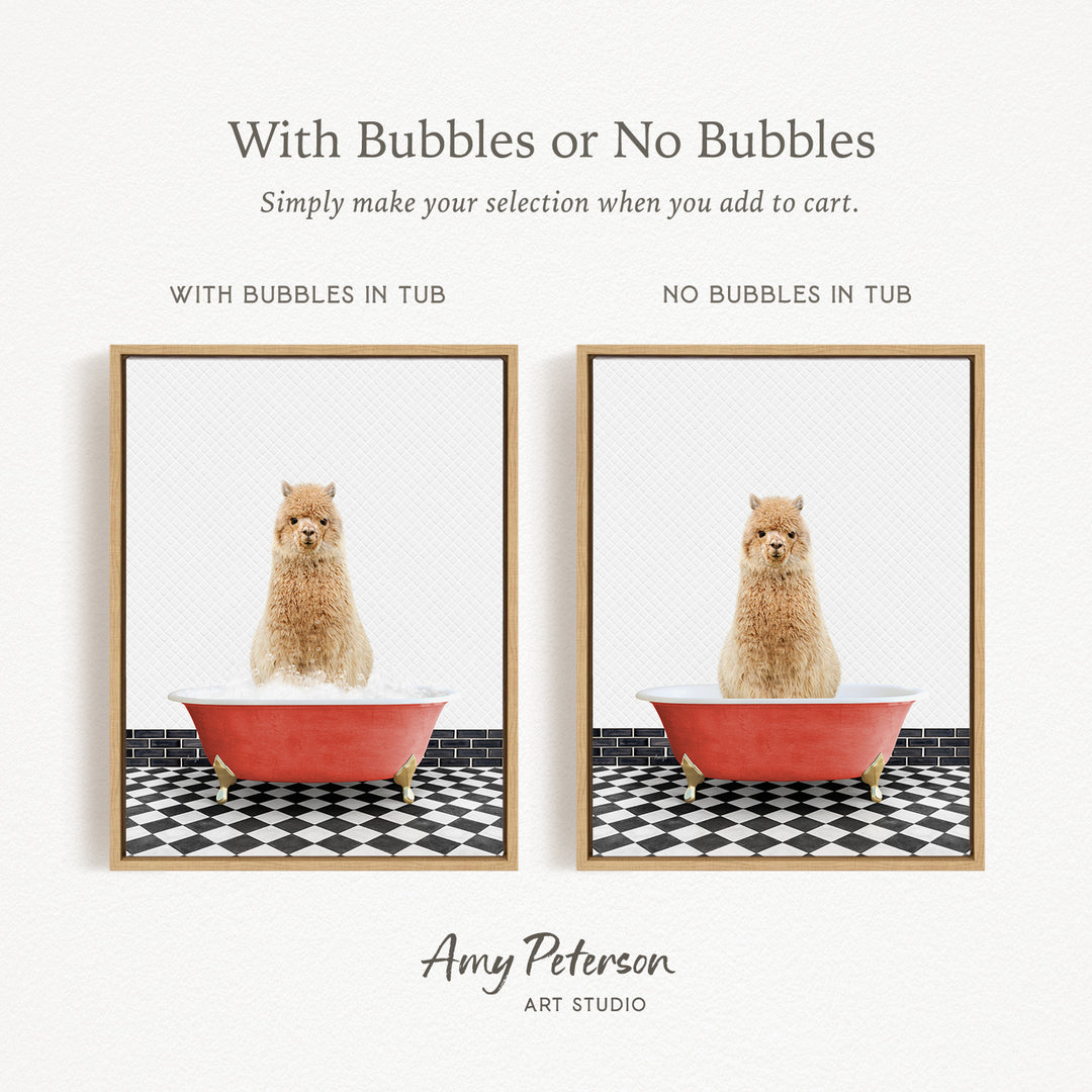 The image is a collage of two pictures, each featuring a dog sitting in a bathtub. The dog in the bathtub has bubbles, while the other dog does not have bubbles. The collage is titled "With Bubbles or No Bubbles" and is created by Amy Peterson from Art Studio.