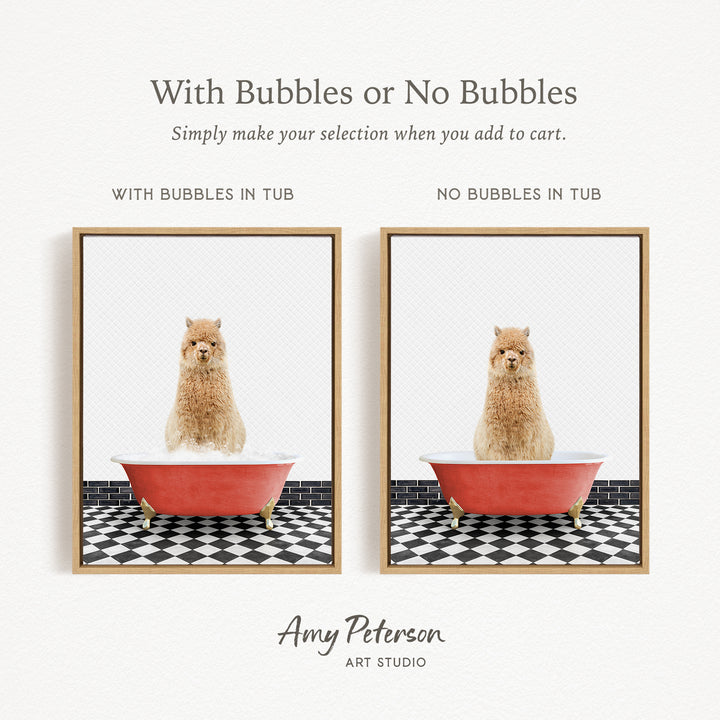 The image is a collage of two pictures, each featuring a dog sitting in a bathtub. The dog in the bathtub has bubbles, while the other dog does not have bubbles. The collage is titled "With Bubbles or No Bubbles" and is created by Amy Peterson from Art Studio.