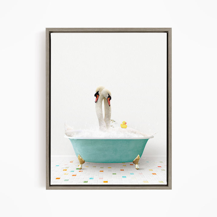 A white swan standing in a blue bathtub, surrounded by bubbles and a yellow rubber duck.