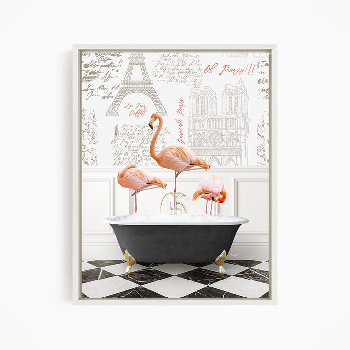 A framed image depicting three flamingos standing in a bathtub, with a Paris-themed background featuring the Eiffel Tower and other Parisian landmarks.