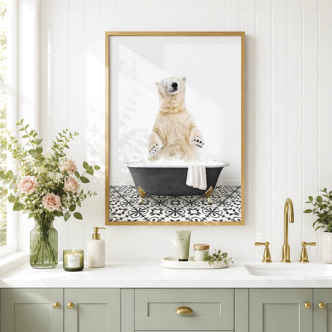 a polar bear standing in a bathtub, surrounded by various bathroom items such as a vase of flowers, a candle, and a soap dispenser.