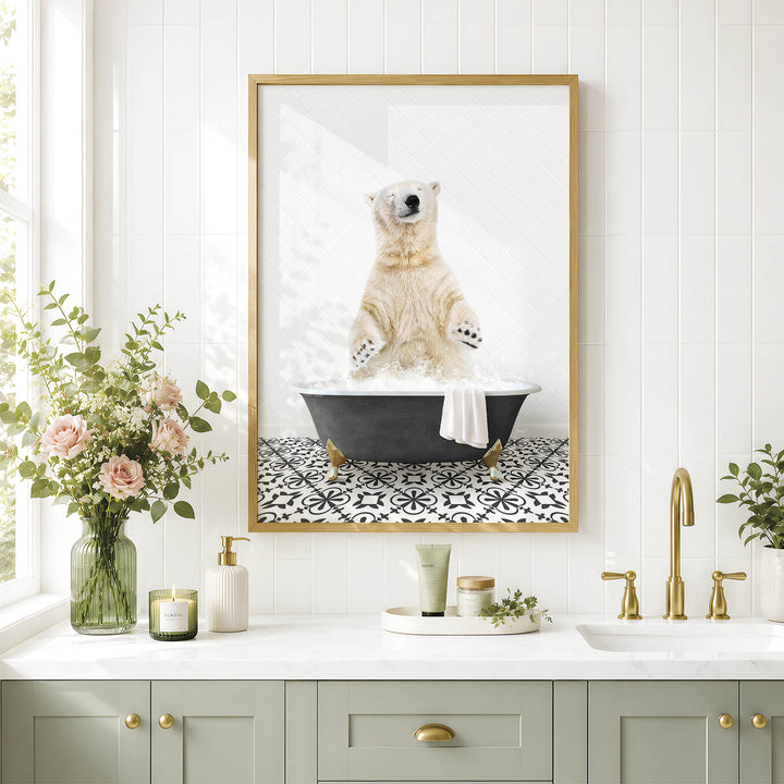 a polar bear standing in a bathtub, surrounded by various bathroom items such as a vase of flowers, a candle, and a soap dispenser.