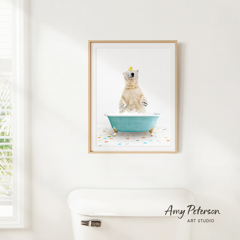 A polar bear sitting in a blue bathtub, with a yellow rubber duck floating on the water.