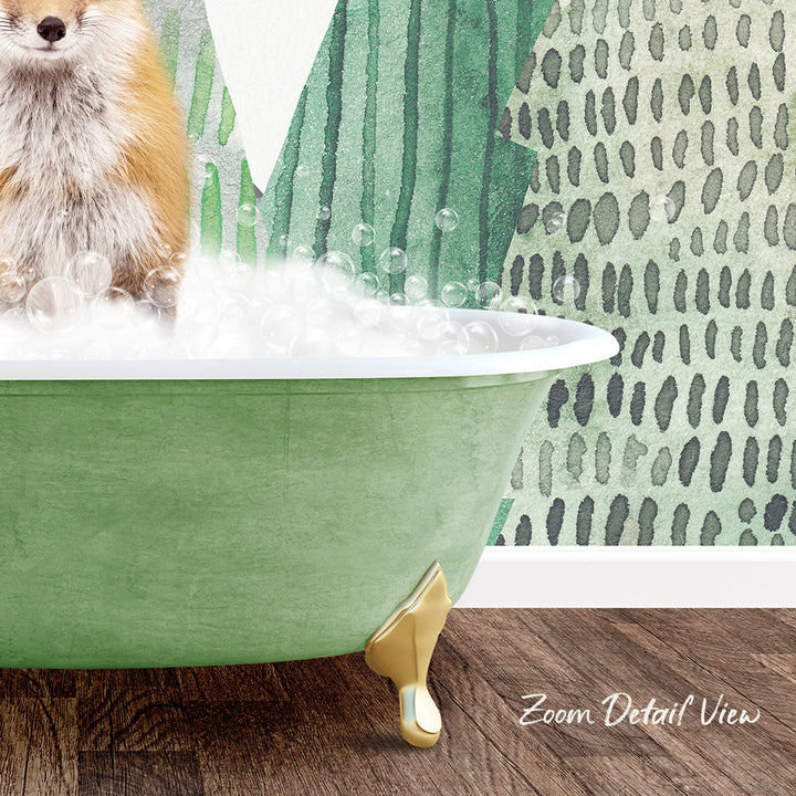 A fluffy dog is sitting in a green bathtub filled with bubbles, with a patterned wall in the background.
