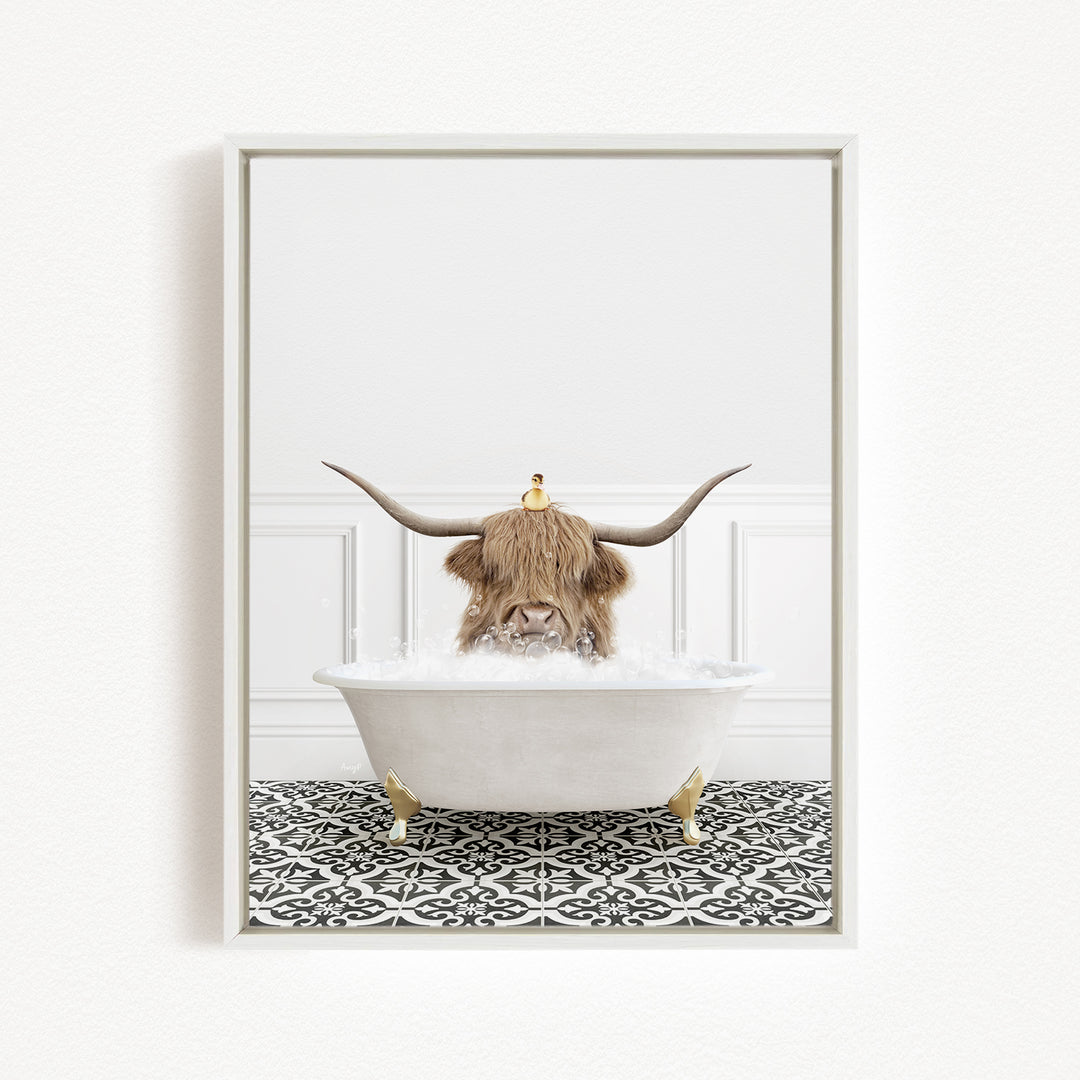 A brown cow with large horns is sitting in a white bathtub filled with water, with a small bird perched on its head.