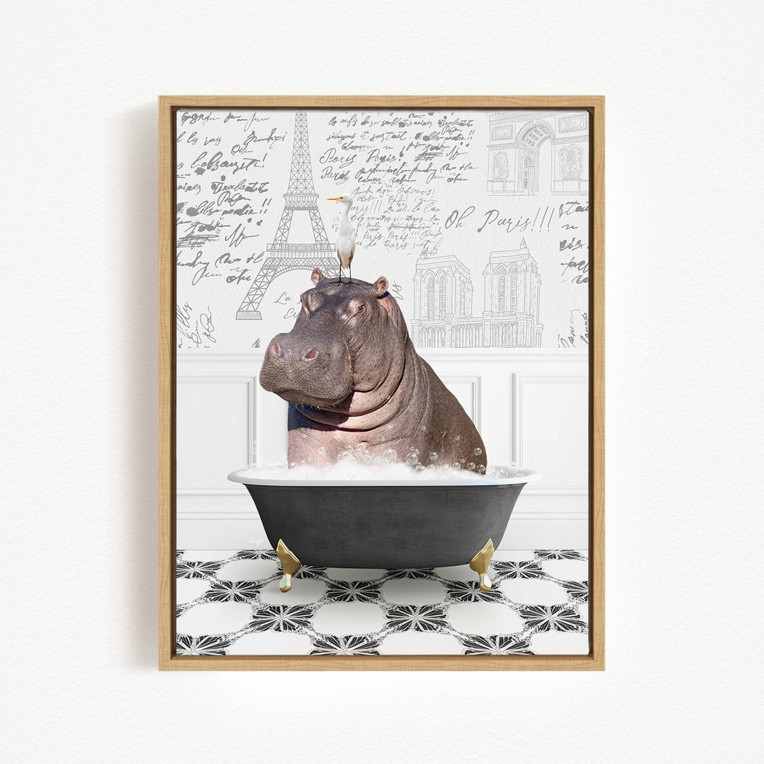 A hippopotamus sitting in a bathtub filled with water, surrounded by a tiled floor and a wall with various inscriptions and drawings.