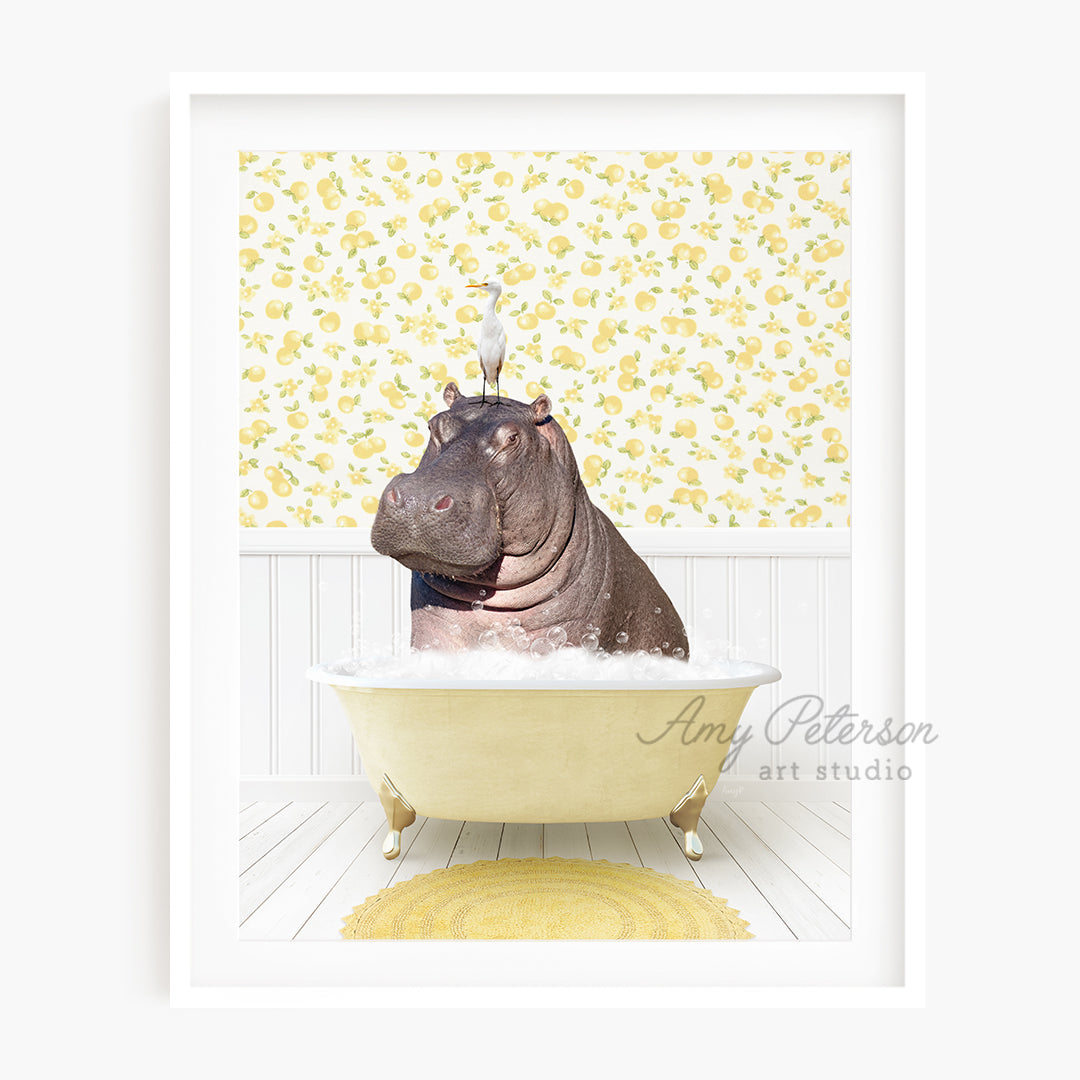 a hippo in a bathtub with a yellow rug