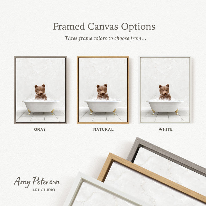 three framed canvas options, each featuring a small teddy bear in a bathtub. The options include a gray frame, a natural frame, and a white frame.