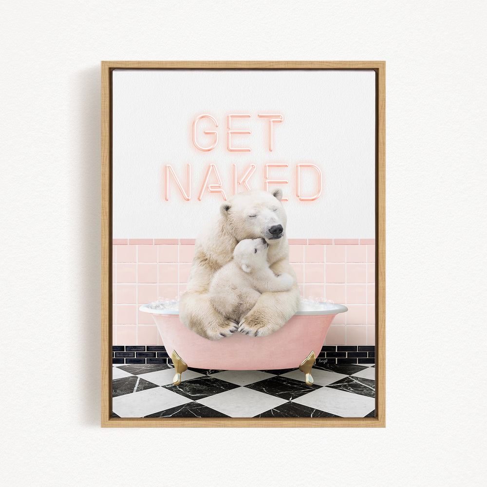 A polar bear sitting in a pink bathtub with the text "GET NAKED" written above it.