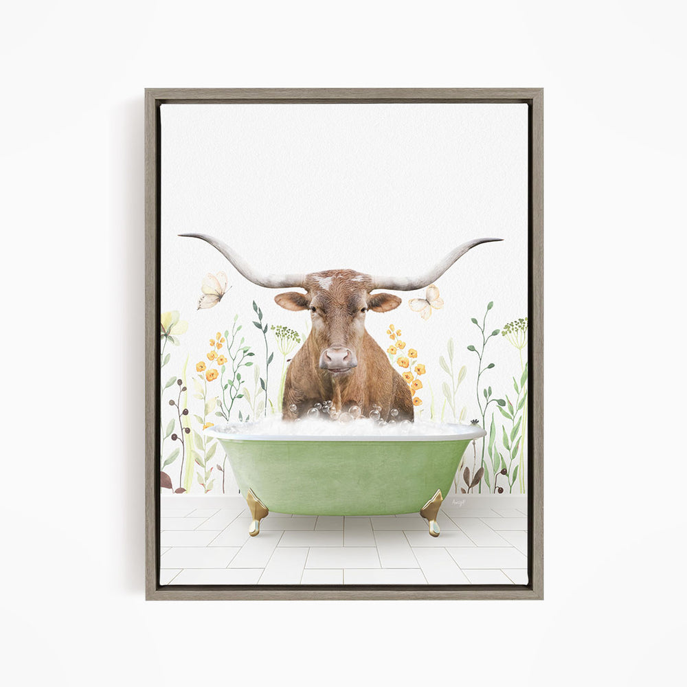 A brown bull with large horns is sitting in a green bathtub filled with water, surrounded by flowers and plants.