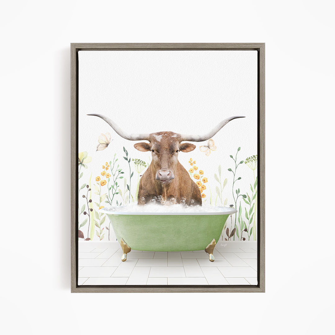 A brown bull with large horns is sitting in a green bathtub filled with water, surrounded by flowers and plants.