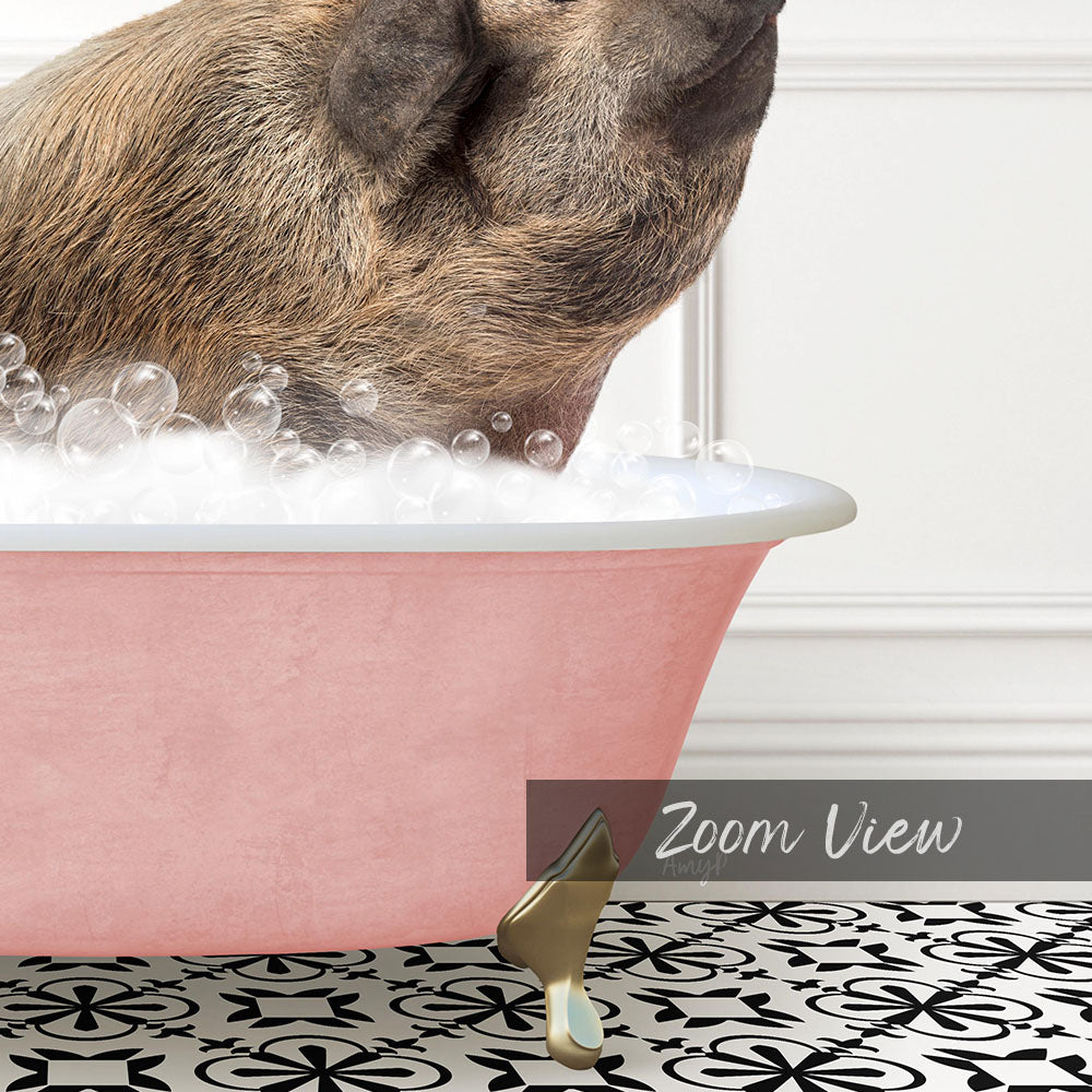 A pig is sitting in a pink bathtub filled with bubbles, appearing to enjoy a bath.