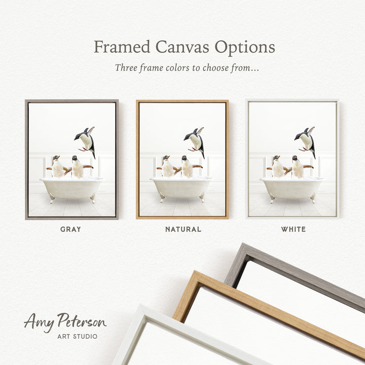 three framed canvas options, each featuring a different color: gray, natural, and white. The text above the images reads " Framed Canvas Options" and "Three frame colors to choose from...". The bottom of the image includes the text " Amy Peterson ART STUDIO".