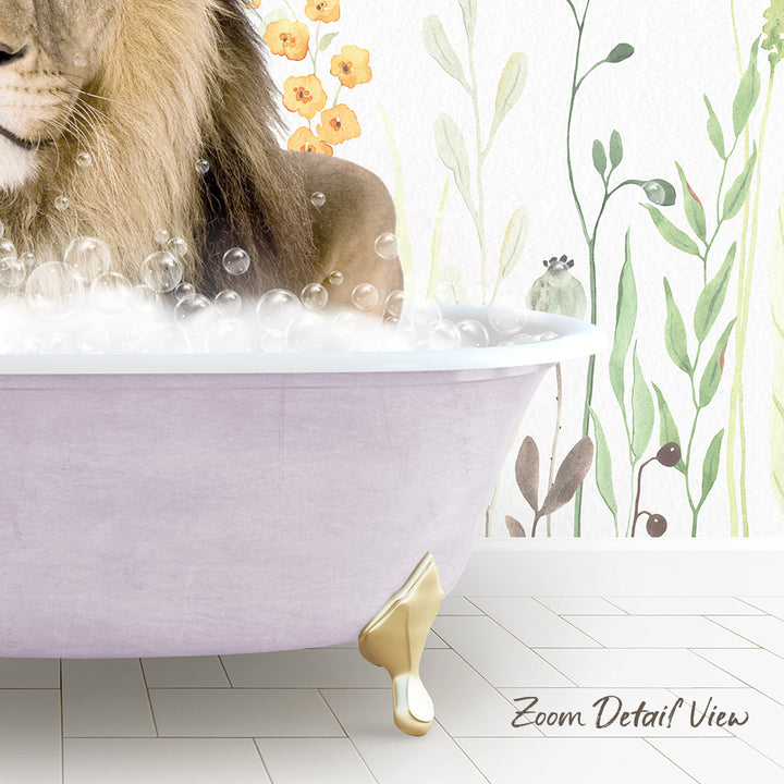 A lion is sitting in a bathtub filled with bubbles, surrounded by a floral wallpaper.
