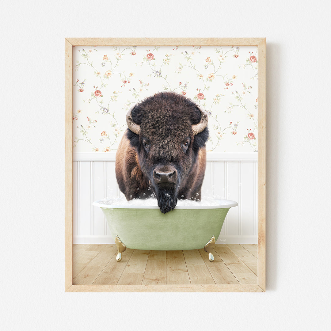 a picture of a bison sitting in a bathtub