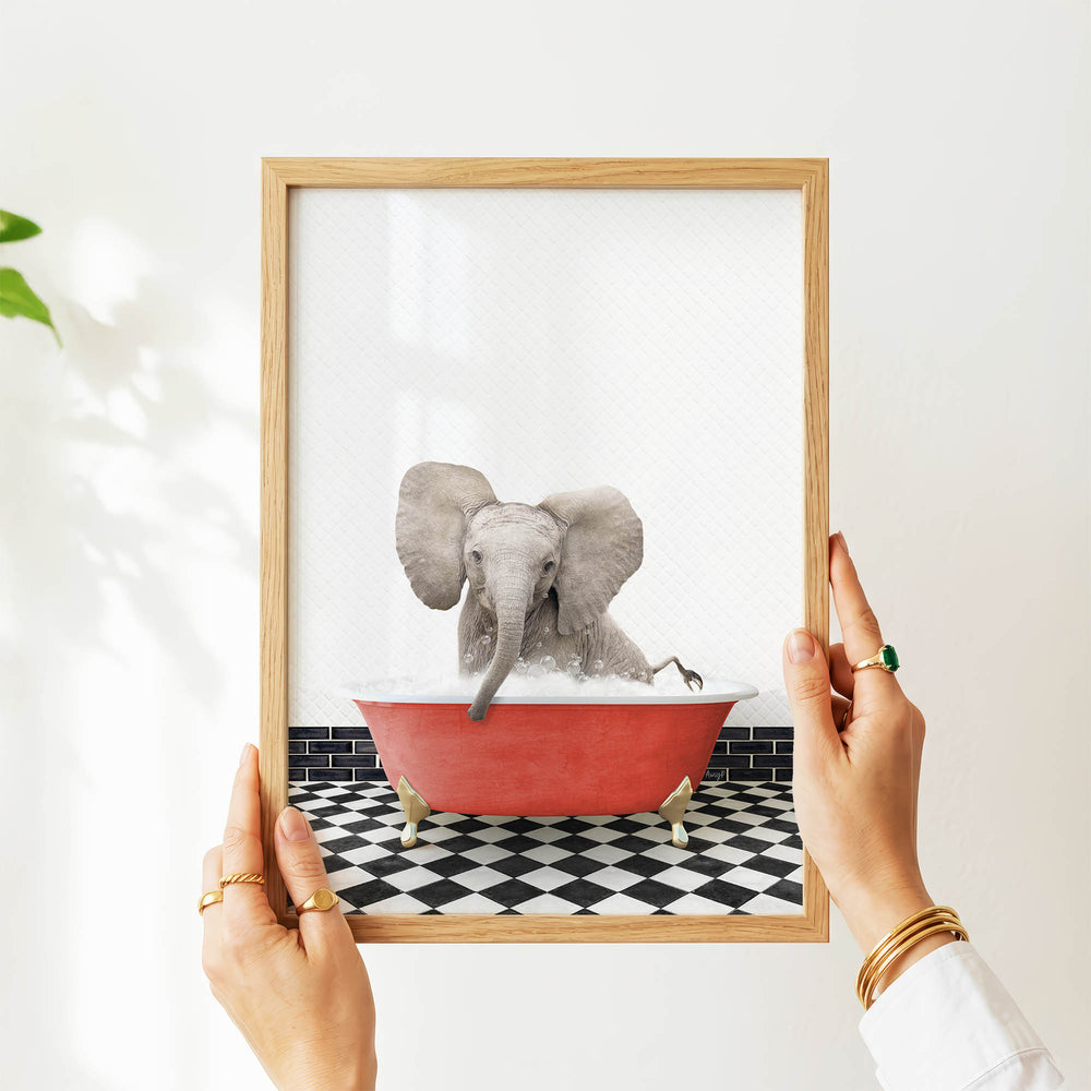 A person's hands are holding a framed picture of a baby elephant sitting in a red bathtub filled with water.