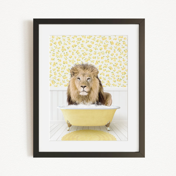 A lion sitting in a yellow bathtub against a yellow and white floral background.