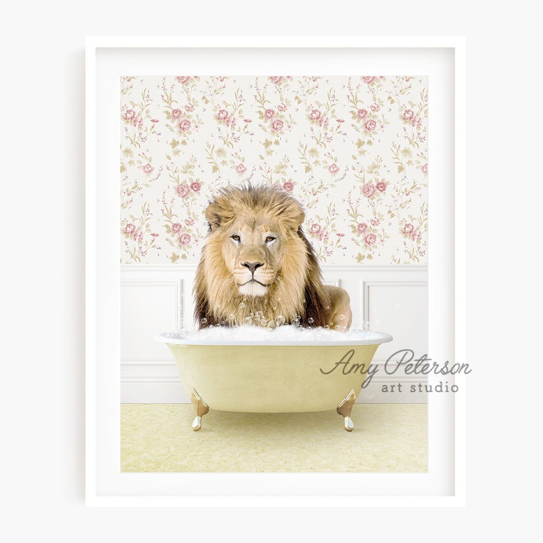 a lion sitting in a bathtub with a floral wallpaper behind it