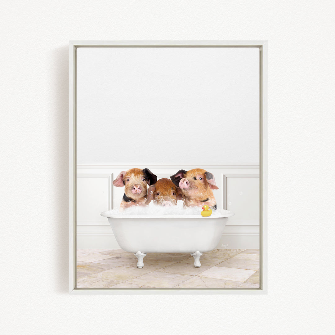 Three adorable pigs sitting in a white bathtub, enjoying a bath time together.