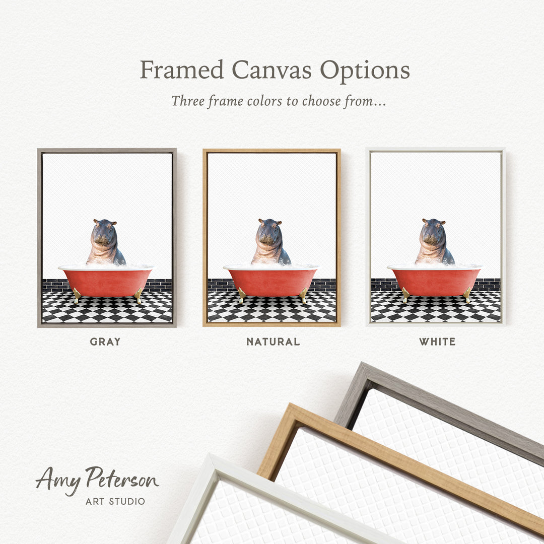 three framed canvas options, each featuring a different color: gray, natural, and white. The text above the images reads " framed Canvas Options" and "Three frame colors to choose from...". The bottom of the image includes the text " Amy Peterson ART STUDIO".