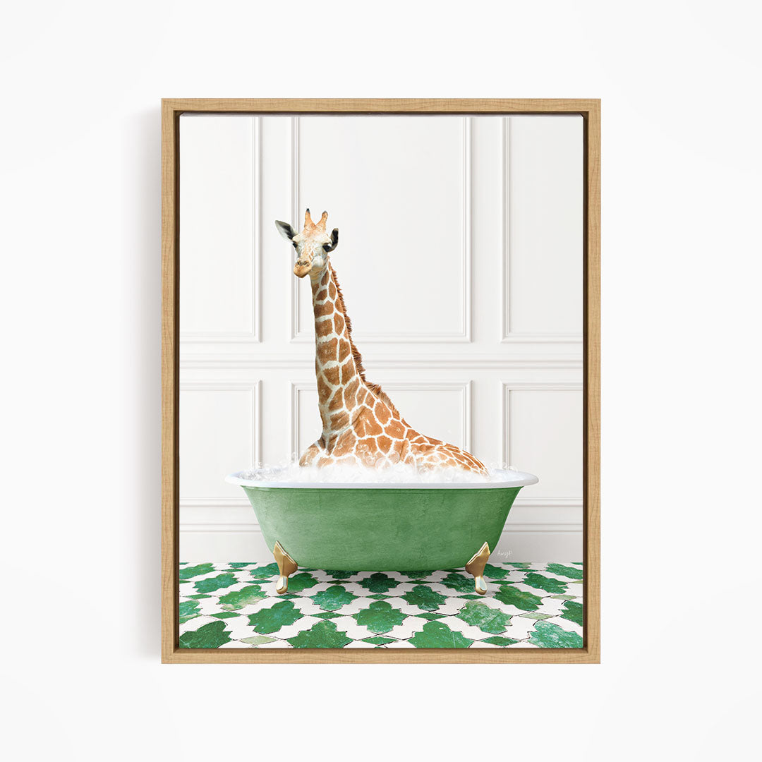 A giraffe sitting in a green bathtub filled with water, surrounded by a green and white patterned floor.