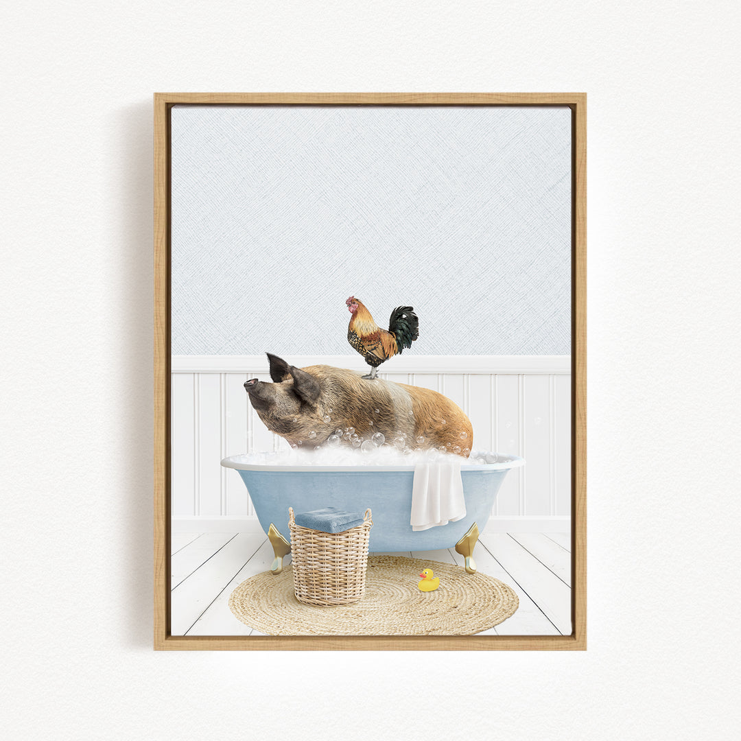 A pig is sitting in a bathtub filled with water, with a rooster perched on its back. The scene is set against a white background, with a basket and a yellow rubber duck nearby.