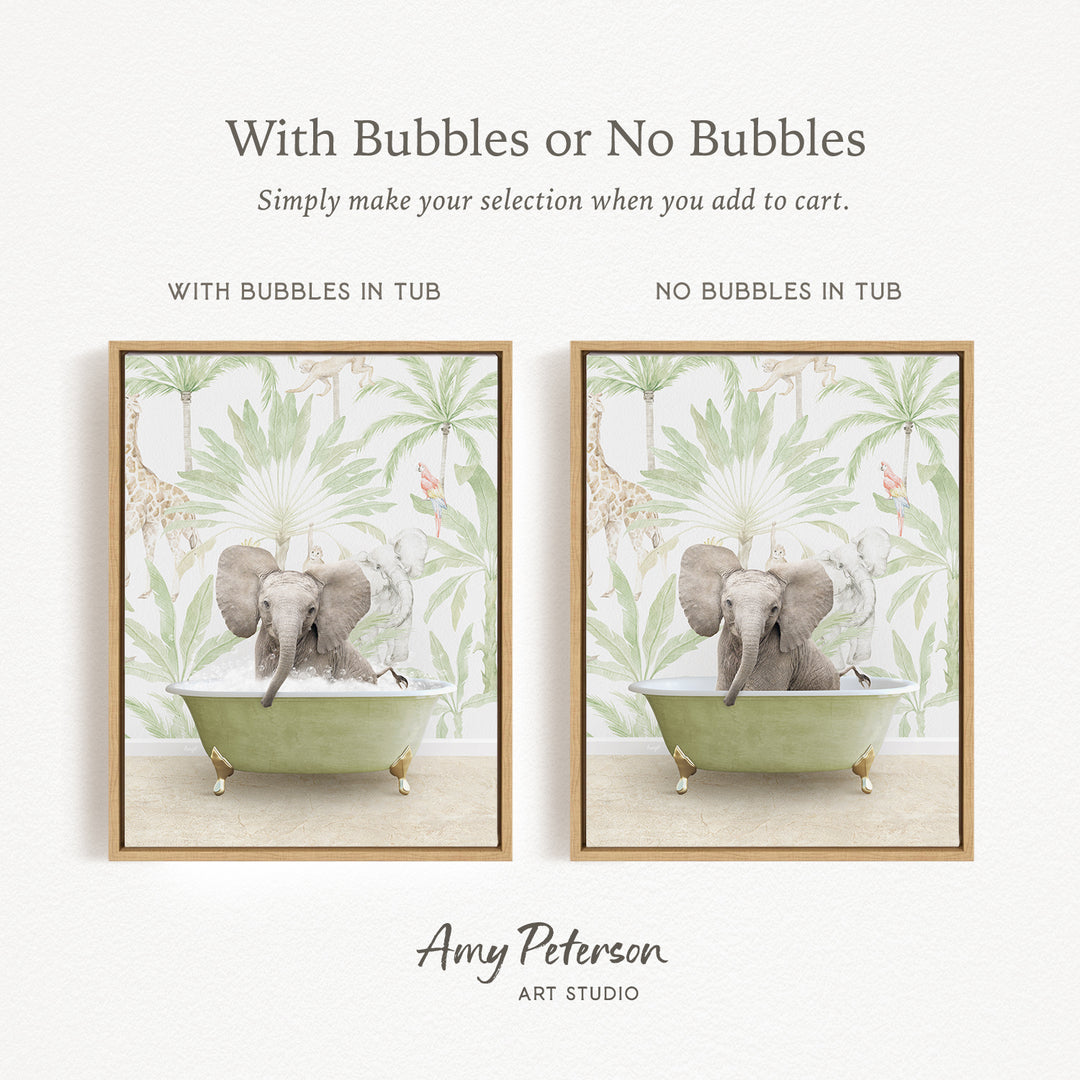 The image is a collage of two framed pictures, each depicting an elephant sitting in a bathtub. The text above the images reads "With Bubbles or No Bubbles" and below the images, it says "Simply make your selection when you add to cart."