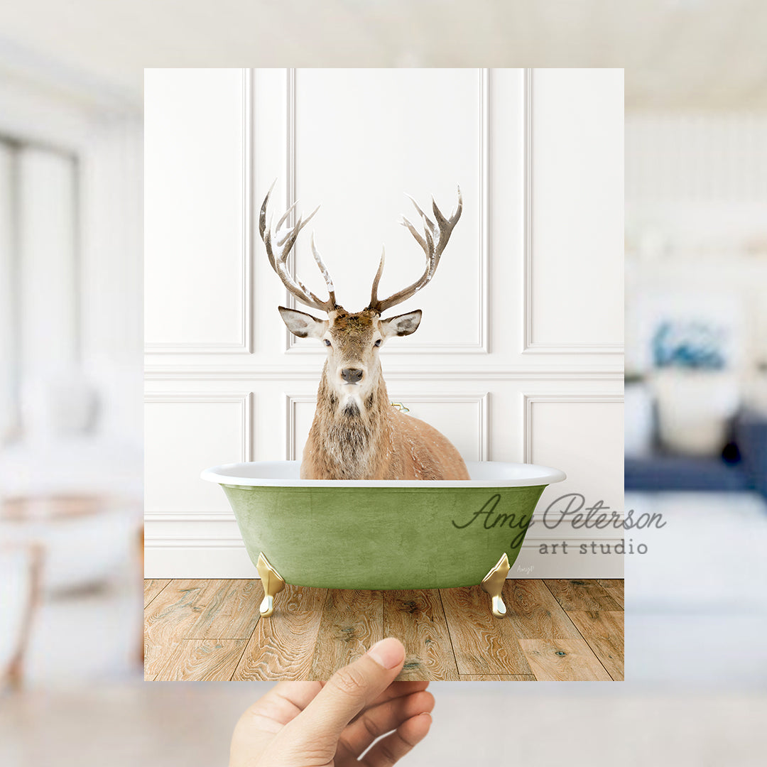 a deer with antlers is sitting in a bathtub