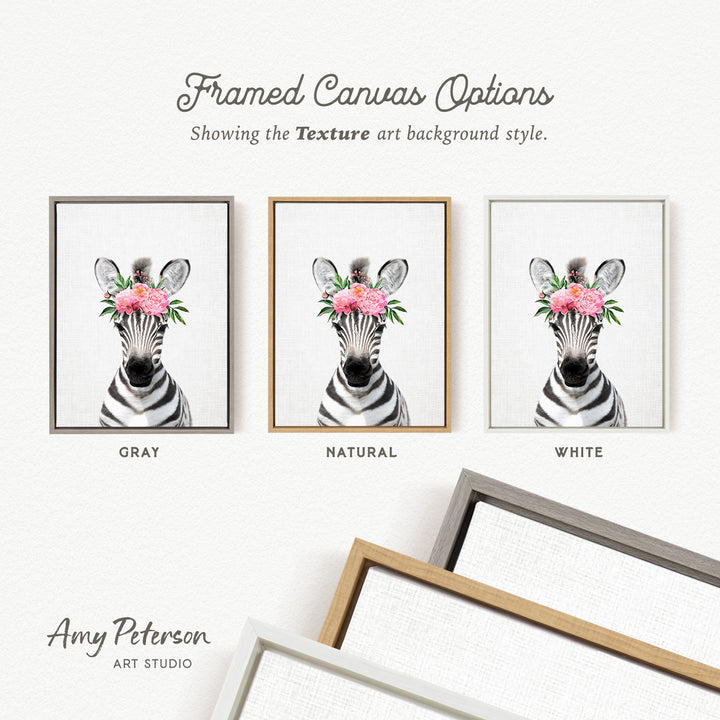 three framed canvas options featuring a zebra with a floral headpiece, each with a different color background.