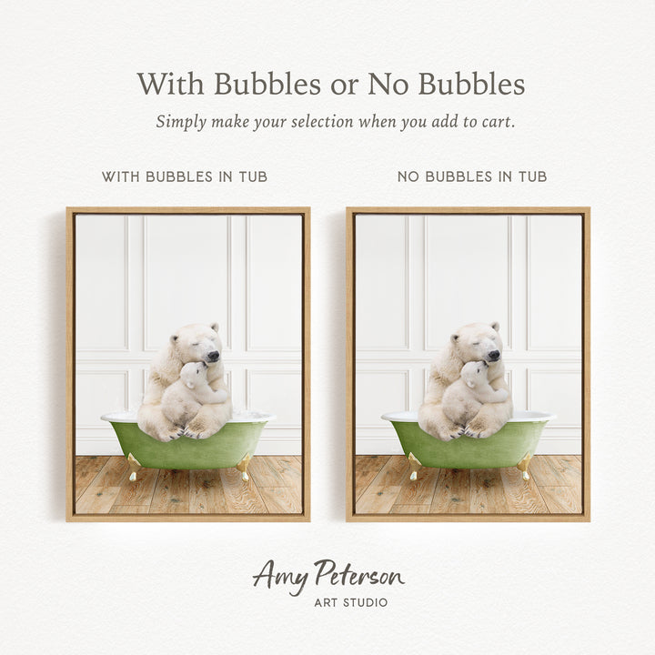 The image is a collage of two pictures, each featuring a polar bear sitting in a bathtub. The polar bear in the bathtub has bubbles, while the polar bear in the other bathtub does not have bubbles. The image is labeled "With Bubbles or No Bubbles" and "With Bubbles in Tub" to indicate the presence of bubbles in each bathtub.
