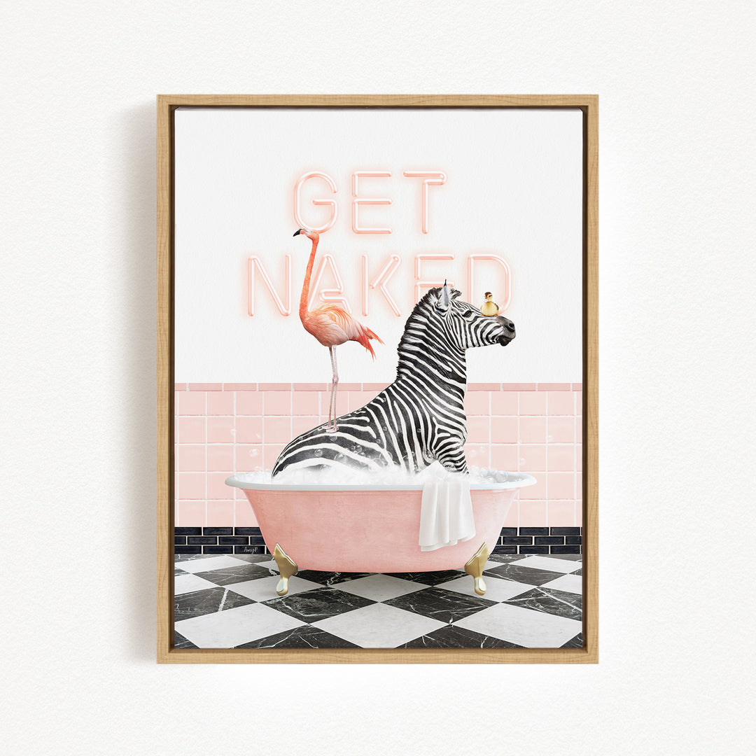 A framed illustration depicting a zebra sitting in a pink bathtub, with a flamingo standing on the edge of the tub. The text "GET NAKED" is displayed above the scene.