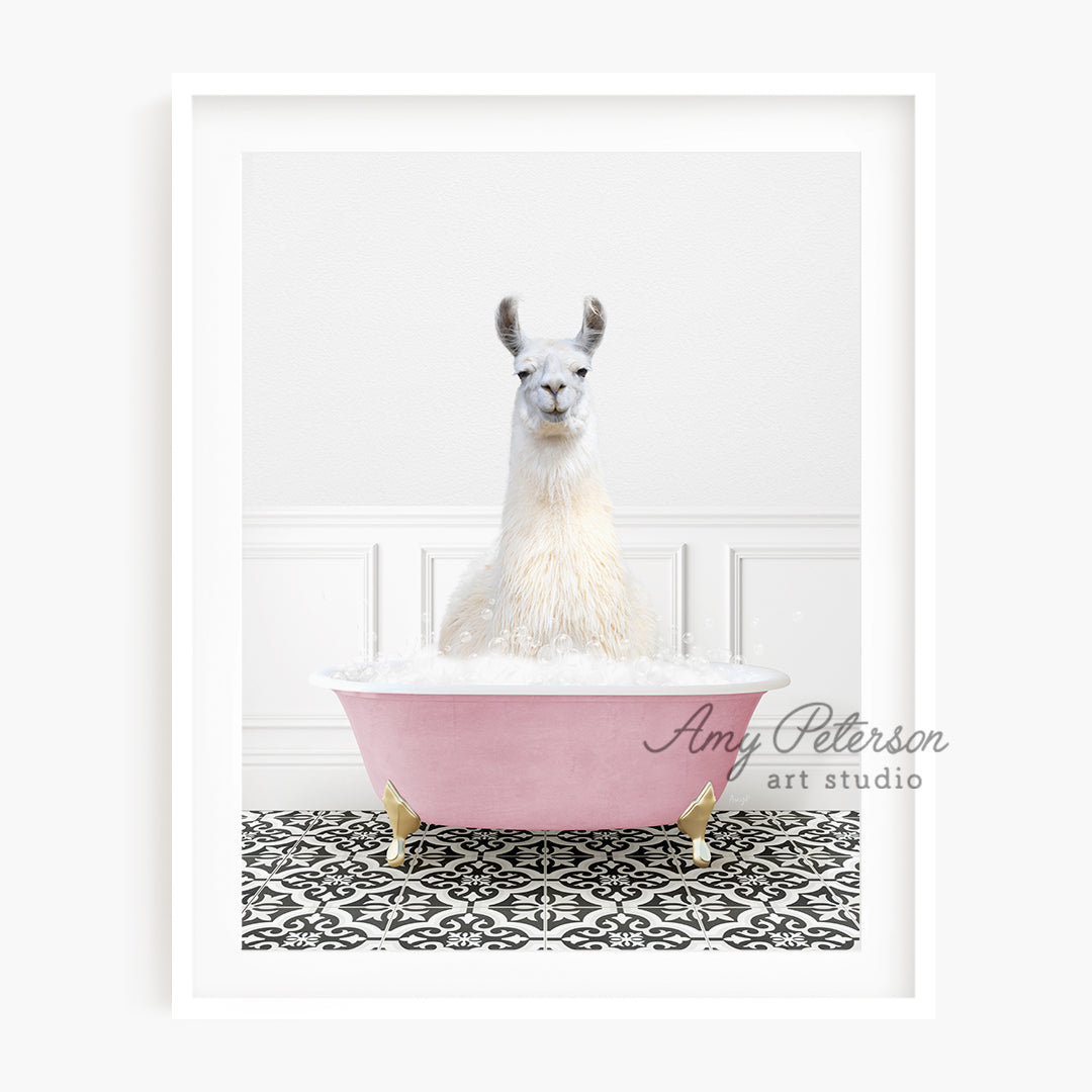 a llama sitting in a pink bath tub