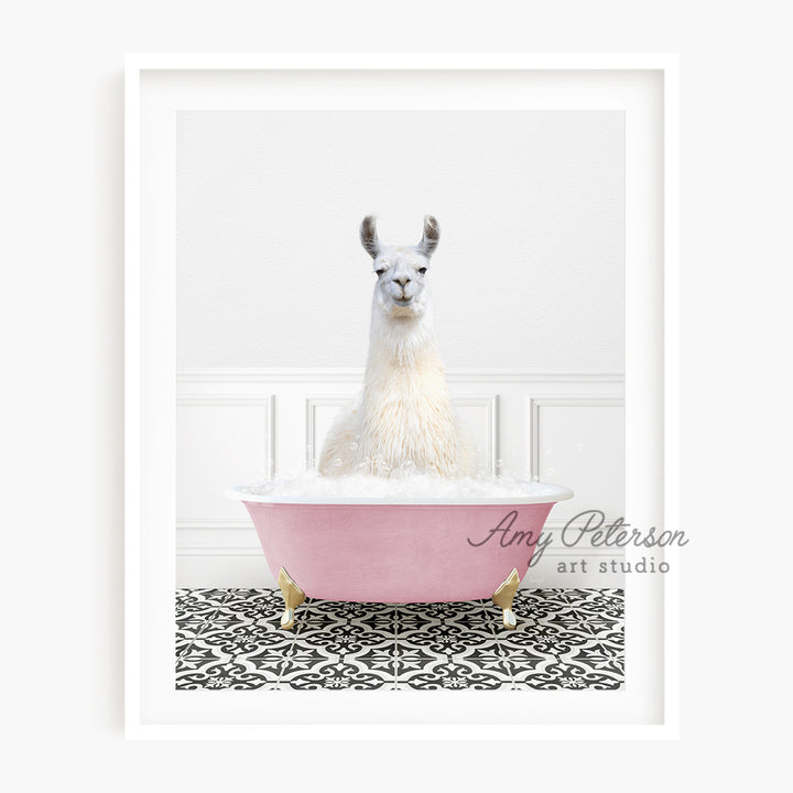 a llama sitting in a pink bath tub