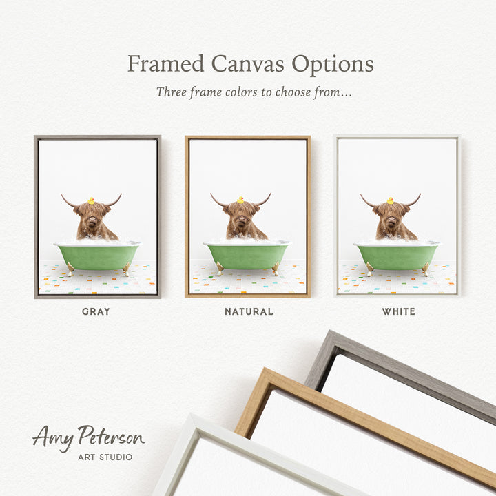 three framed canvas options featuring a brown cow sitting in a green bathtub, with each option having a different frame color.