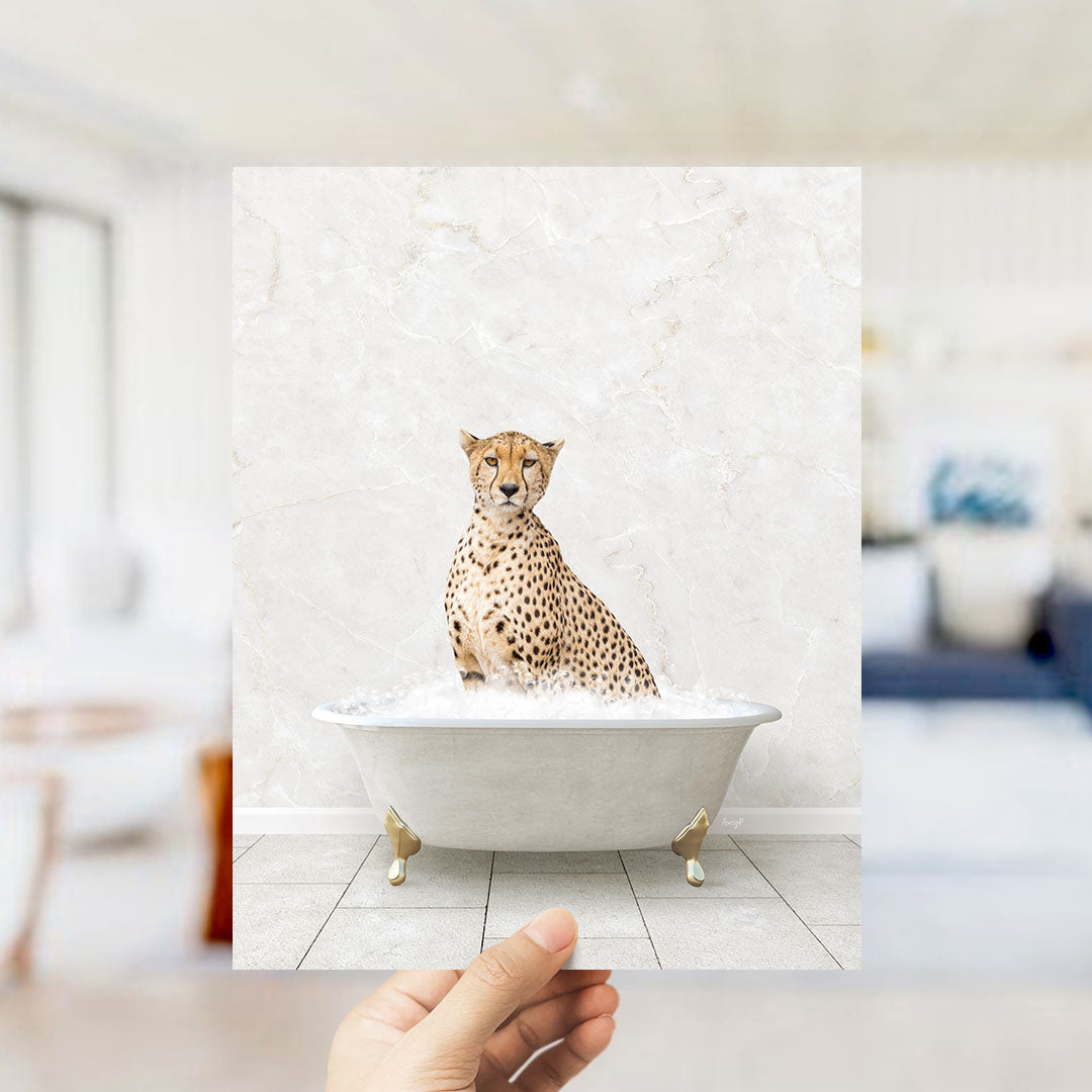 A cheetah sitting in a bathtub filled with water, as if taking a bath.