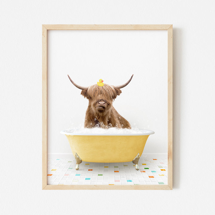 a framed photograph of a brown cow in a bathtub