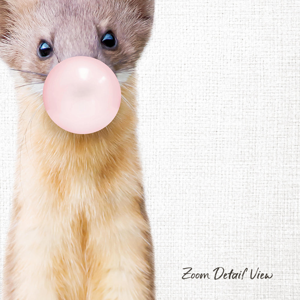 A close-up of a small animal, possibly a rodent or a cat, blowing a bubble with a pink bubble gum bubble.