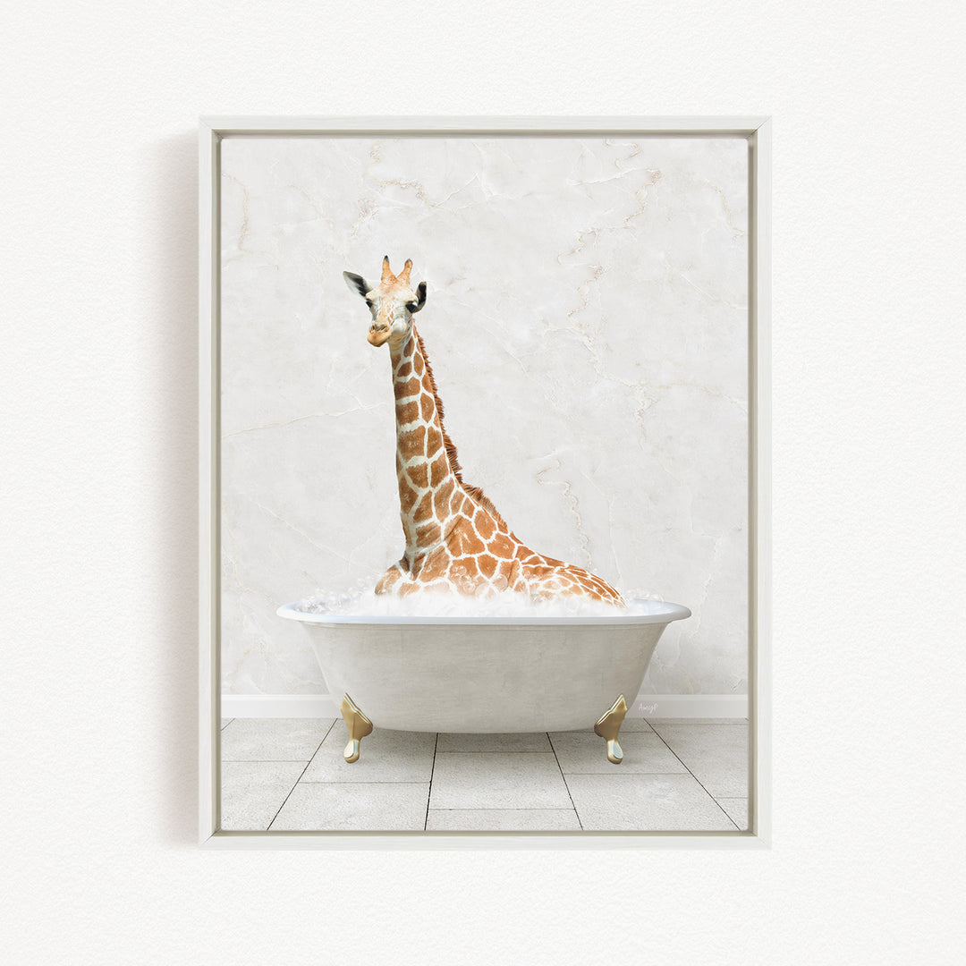 A giraffe sitting in a white bathtub filled with water, creating a whimsical and playful scene.