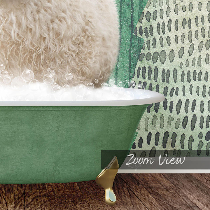 A fluffy white dog is sitting in a green bathtub filled with bubbles, with a patterned wall in the background.