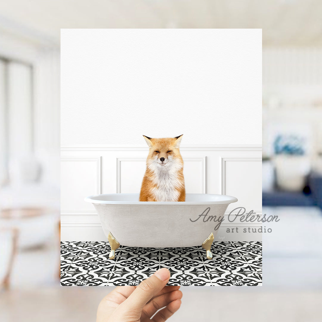 a person holding a card with a picture of a fox in a bathtub